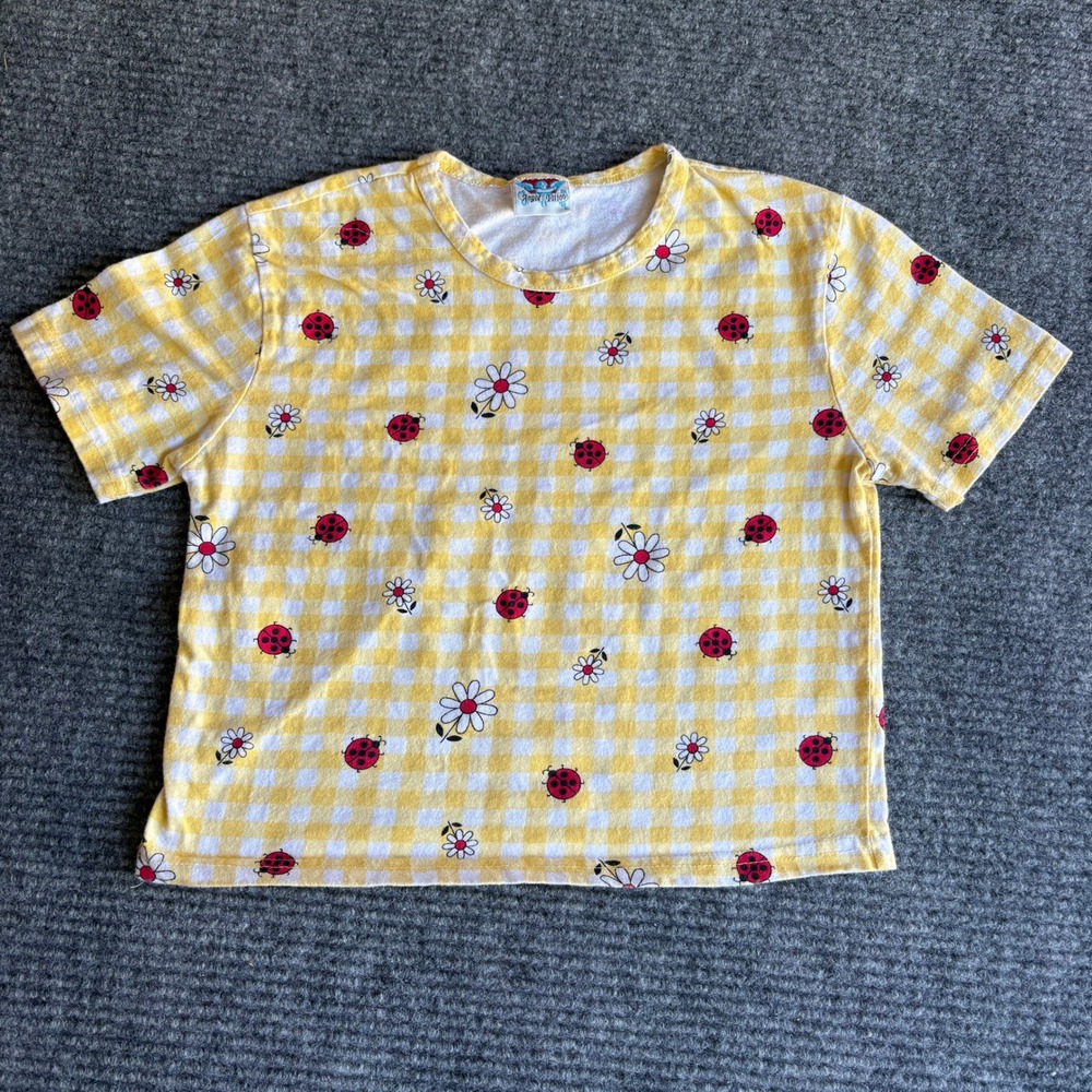 Vintage Angel Tattoo Girls Yellow Gingham Ladybug Daisy T-Shirt Size L 14 USA